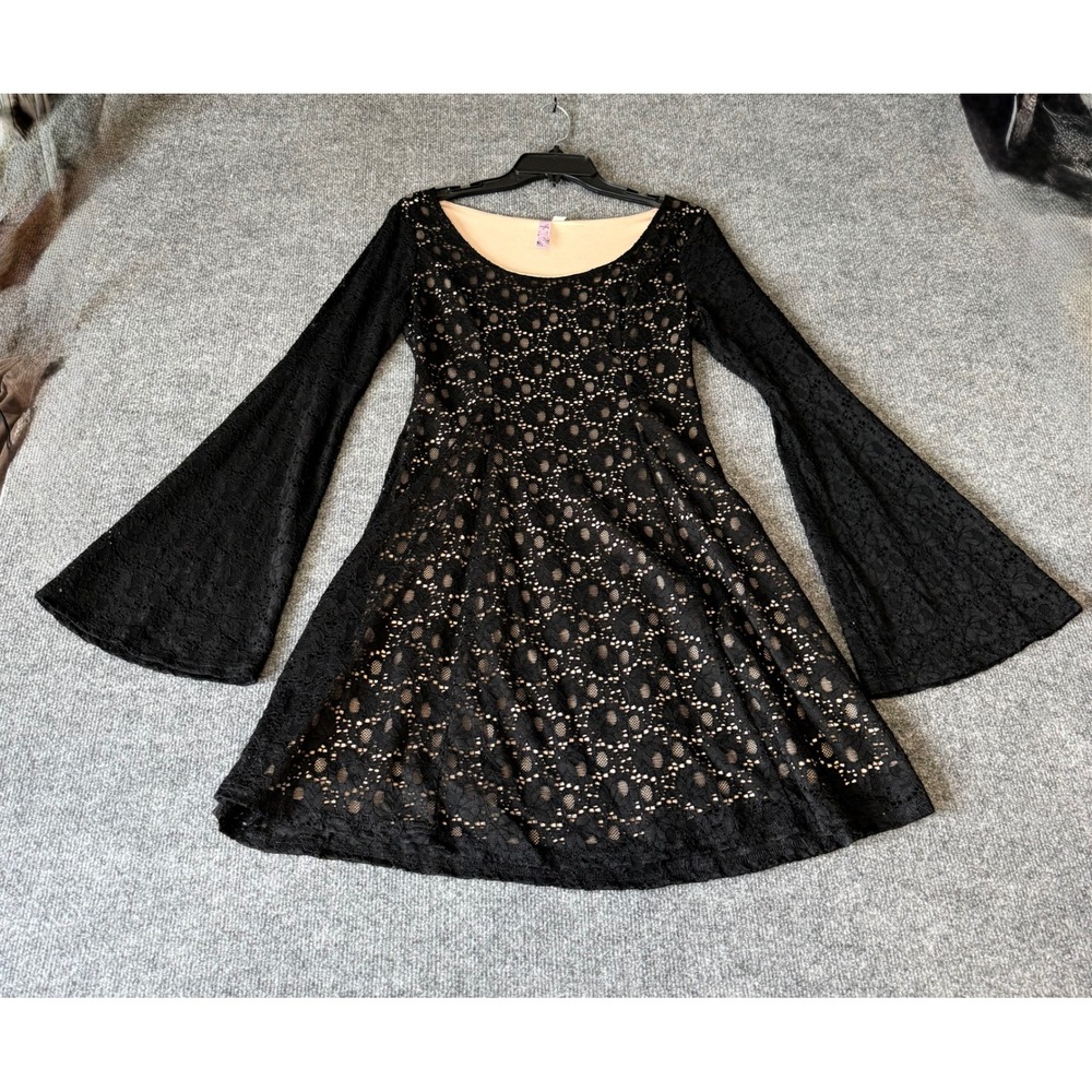 Alya Black Floral Lace Bell Sleeve Whimsigoth/Celestia Style Dress Women Medium